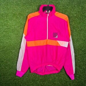 Vintage Sunbuster Neon Pink Orange Colorblock Windbreaker Half Zip Jacket XS USA